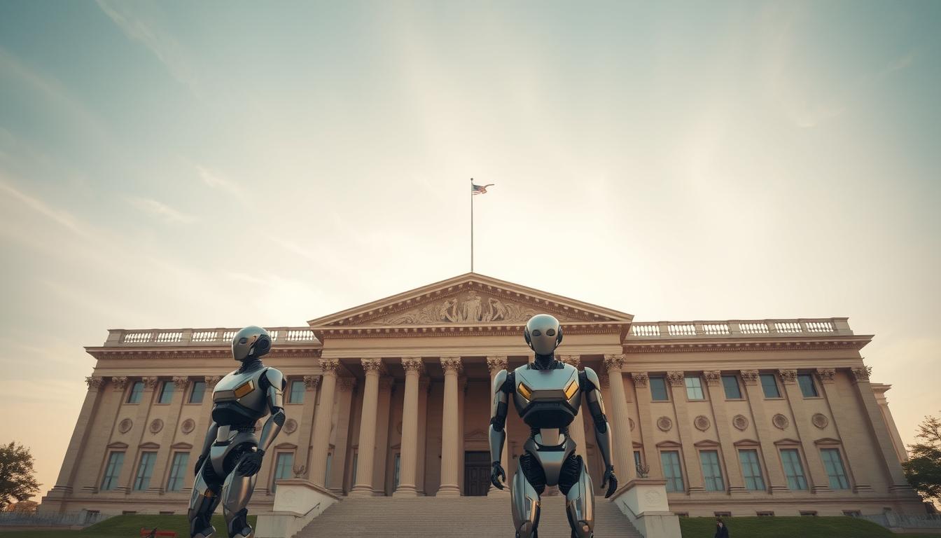 A large, ornate government building stands proud, its classical architecture and grand columns reflecting the weight of authority. In the foreground, two robotic figures stand guard, sleek and metallic, their sensors scanning the surroundings. The sky is a soft, hazy blue, with wispy clouds drifting overhead. The lighting is warm and natural, casting gentle shadows and highlights across the scene. The overall atmosphere conveys a sense of measured control and carefully balanced policy, where the integration of advanced technology is thoughtfully considered within the framework of government oversight and public interest.