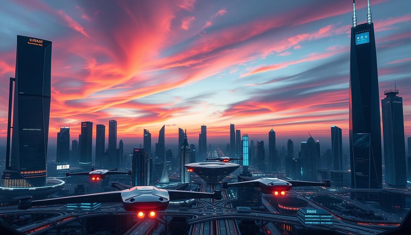 A sleek, futuristic cityscape against a vibrant twilight sky, with towering skyscrapers and gleaming infrastructure. In the foreground, a group of autonomous drones and robots navigate the urban landscape, their smooth, angular forms and flashing lights conveying a sense of agentic intelligence and coordinated movement. The mid-ground features a network of interconnected hubs and control centers, with holographic displays and intricate data visualizations. In the background, glimpses of advanced AI-powered transportation systems, renewable energy grids, and seamless digital infrastructure, all working in harmony to create a futuristic, hyper-efficient environment. The overall scene exudes a sense of technological progress, innovation, and the blending of human and machine capabilities.
