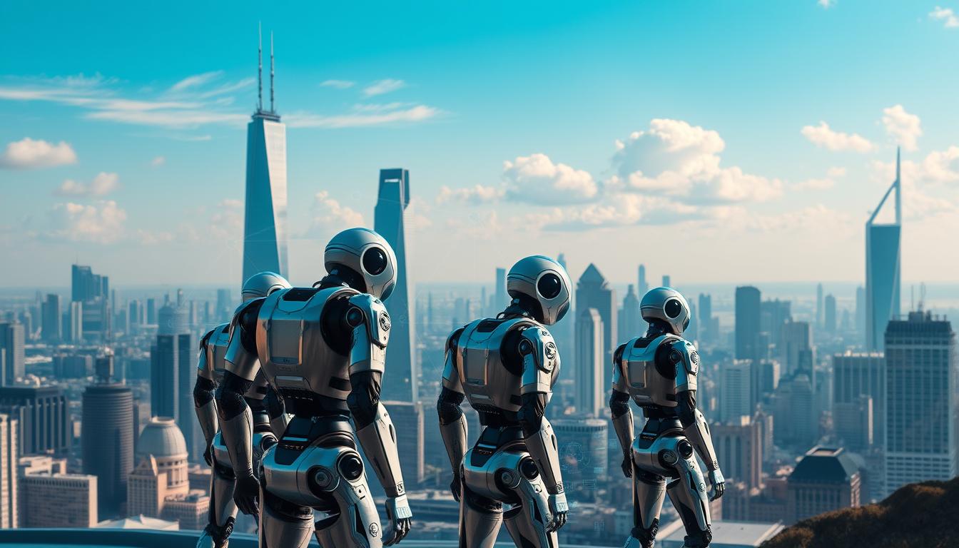 A sprawling, futuristic cityscape with towering skyscrapers and sleek, angular buildings in the background. In the foreground, a group of advanced humanoid robots stand in a strategic formation, their metallic bodies gleaming under crisp, directional lighting. The robots' limbs are articulated, their movements fluid and precise, suggesting a high level of technological sophistication. In the middle ground, holographic displays and control panels project intricate data visualizations, highlighting the integration of robotics into the national infrastructure. An atmosphere of technological progress and global competitiveness permeates the scene, capturing the essence of a national robotics strategy.