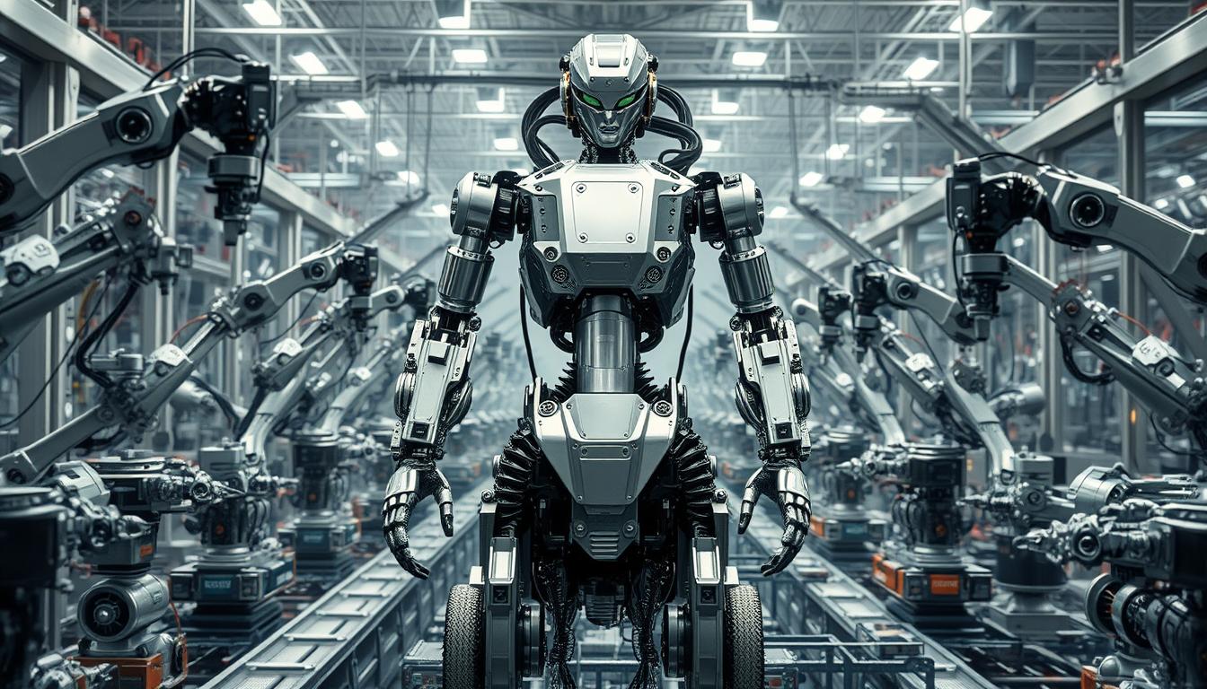 A vast factory floor bustling with robotic arms, pistons, and gears. Gleaming chrome surfaces reflect the brilliant overhead lighting, casting a futuristic glow. In the center, a towering mechanical figure, its gleaming frame a testament to the precision of advanced engineering. Around it, smaller robots scurry to and fro, carrying out intricate tasks with fluid, efficient motions. The background fades into a hazy expanse of high-tech machinery, suggesting the scale and complexity of the Robotics Revolution. A sense of power, innovation, and rapid technological progress permeates the scene, hinting at the transformative potential of this new era.