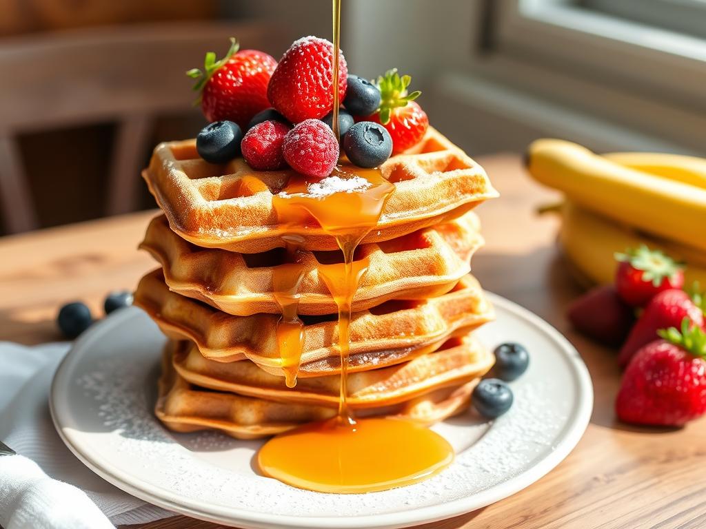 Homemade waffles with fresh berries for National Waffle Iron Day on June 29