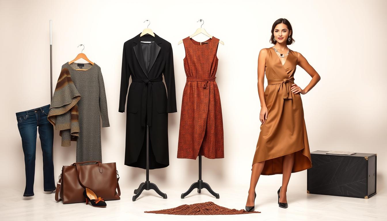 A well-curated collection of fashionable outfits for the modern woman, showcasing the importance of quality in women's clothing. In the foreground, a stylish model strikes a confident pose, wearing a meticulously crafted designer dress with a flattering silhouette and luxurious fabric. The mid-ground features a tasteful arrangement of complementary accessories, such as a leather handbag, statement jewelry, and a pair of high-quality heels. The background is a minimalist, softly-lit studio setting, allowing the clothing and accessories to take center stage. The overall mood is one of sophistication, elegance, and attention to detail, emphasizing the transformative power of thoughtfully-designed garments.