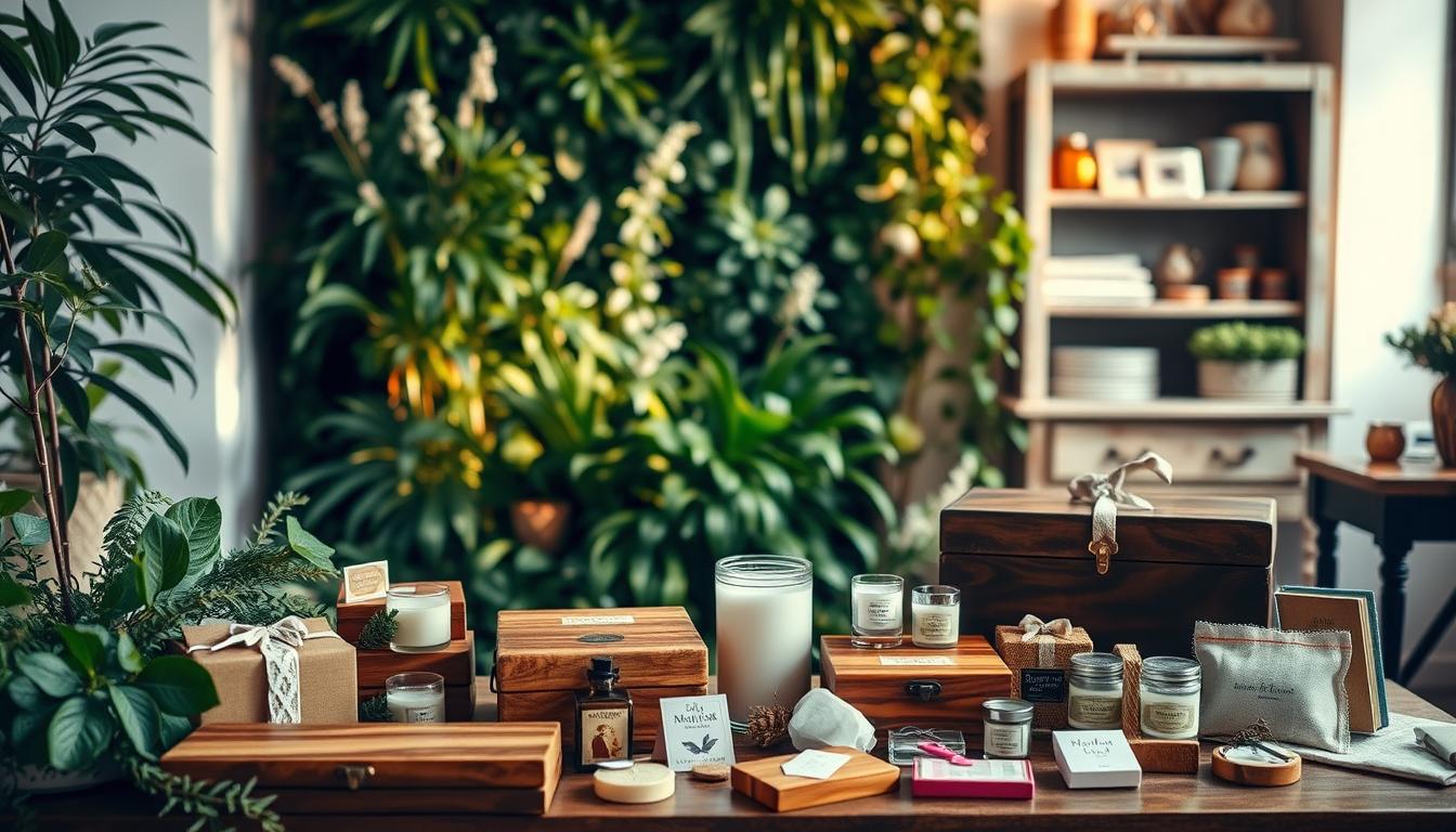 A beautifully curated collection of thoughtful wedding gifts showcased in a warm, inviting setting. In the foreground, an array of artisanal items such as handcrafted wooden boxes, elegant candles, and personalized trinkets arranged with care. In the middle ground, a lush, natural backdrop of verdant plants and soft, diffused lighting creates a serene, elegant atmosphere. In the background, a hint of vintage-inspired decor, like a weathered bookshelf or a rustic table, adds a touch of character and charm. The overall mood is one of understated sophistication, capturing the essence of &quot;Delightful Wedding Gifts&quot; - unique, meaningful, and brimming with personal touches.