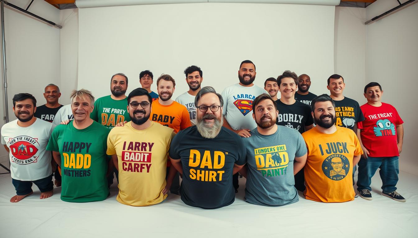 A vibrant, playful collection of &quot;Funny Dad Shirts&quot; for themed parties, captured in a high-quality, cinematic studio setting. In the foreground, an assortment of humorous, well-designed t-shirts featuring clever, dad-themed graphics and slogans - from puns to pop culture references. The middle ground showcases the shirts being modeled by diverse, animated fathers, each with a distinct personality and style. The background is a minimalist, softly-lit studio backdrop, allowing the shirts and models to take center stage. The overall mood is lighthearted, celebratory, and tailored to inspire dads to embrace their goofy side at special events. Captured with a wide-angle lens for a dynamic, immersive perspective.