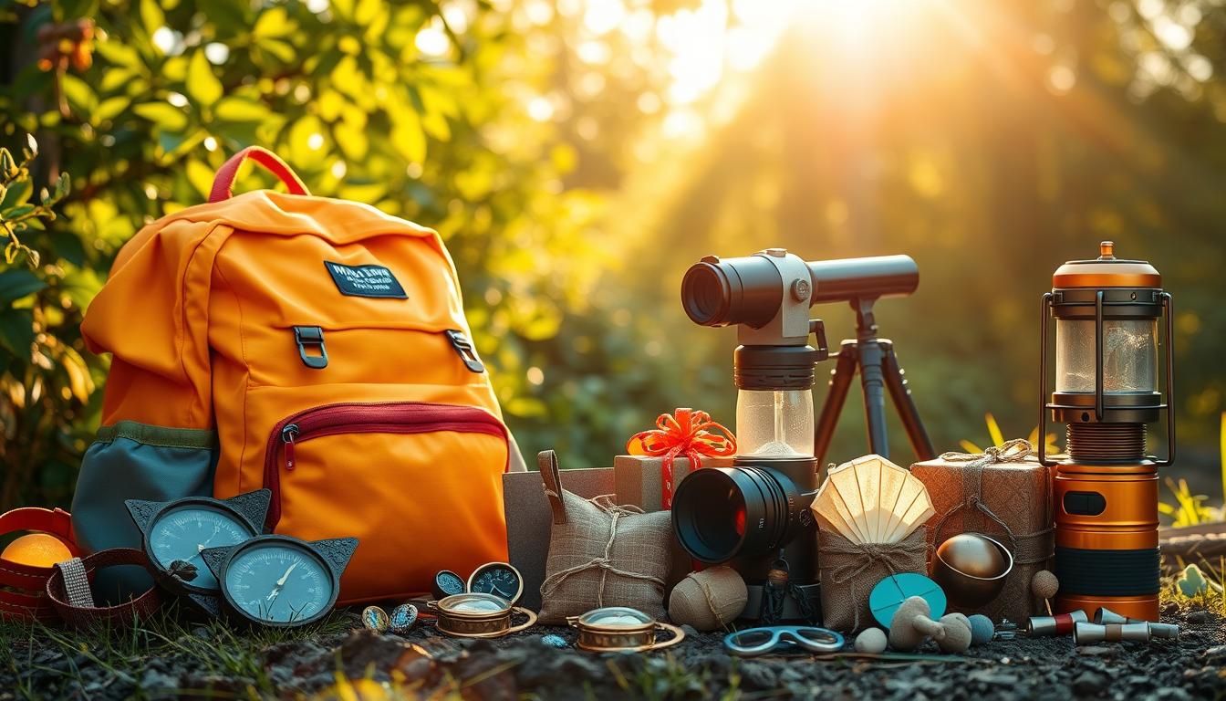 Vibrant outdoor scene showcasing a diverse array of adventurous gifts for kids - a brightly colored backpack, a sturdy compass, a compact telescope, a rugged camping lantern, and an assortment of nature-inspired trinkets. The scene is bathed in warm, golden sunlight filtering through lush, verdant foliage, creating a sense of wonder and exploration. The composition features a balanced, harmonious arrangement of the gifts, inviting the viewer to imagine the joy and excitement of embarking on thrilling outdoor adventures. Crisp, high-resolution details and a dreamlike, whimsical atmosphere capture the perfect gift ideas to ignite a child's sense of curiosity and love for the great outdoors.
