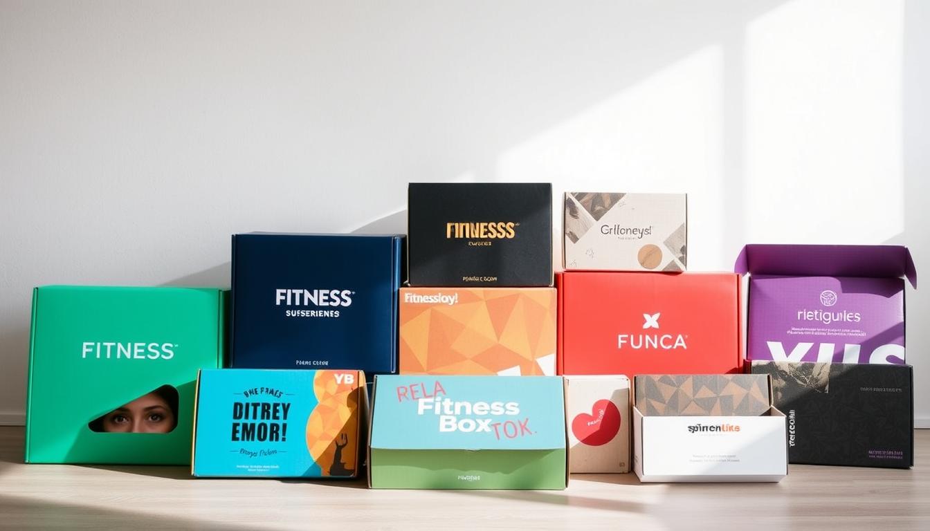 A neatly arranged display of various fitness subscription boxes, each showcasing a distinct theme or activity. The boxes are presented against a clean, minimalist backdrop, with soft, natural lighting accentuating their textured surfaces and vibrant colors. The arrangement conveys a sense of curation and thoughtfulness, inviting the viewer to imagine the exciting contents within. The boxes are positioned at eye level, allowing for a close-up examination of their designs and branding, which reflect the diverse range of fitness-focused products and experiences available through these subscription services.