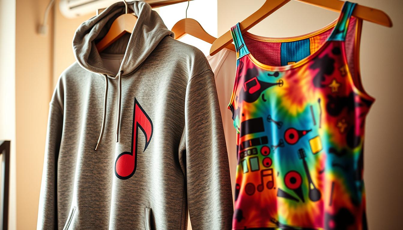 A vibrant and trendy music-themed apparel collection, featuring a variety of stylish garments. In the foreground, a cozy hooded sweatshirt emblazoned with a bold, graphic music note design. In the middle ground, a sleek and form-fitting t-shirt with a vintage-inspired band logo. In the background, a vibrant, tie-dye print tank top with a whimsical musical instrument pattern. The lighting is warm and natural, highlighting the high-quality fabrics and intricate details. The overall composition conveys a sense of energy, creativity, and a deep appreciation for the power of music.