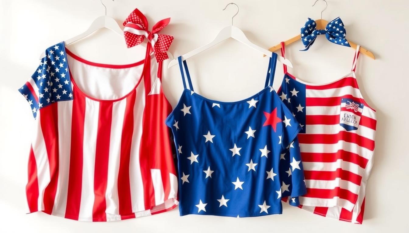 Vibrant and whimsical USA flag-inspired tops, showcased against a crisp white background with a soft, natural lighting. The garments feature bold, playful patterns and designs - stars, stripes, and patriotic motifs cleverly incorporated into a fashionable, summery aesthetic. The items are artfully displayed, capturing their visual appeal and suggesting how they could be effortlessly incorporated into a stylish 4th of July ensemble. A sense of celebratory, lighthearted fun permeates the scene, inspiring the viewer to embrace their independence in a unique, eye-catching way.