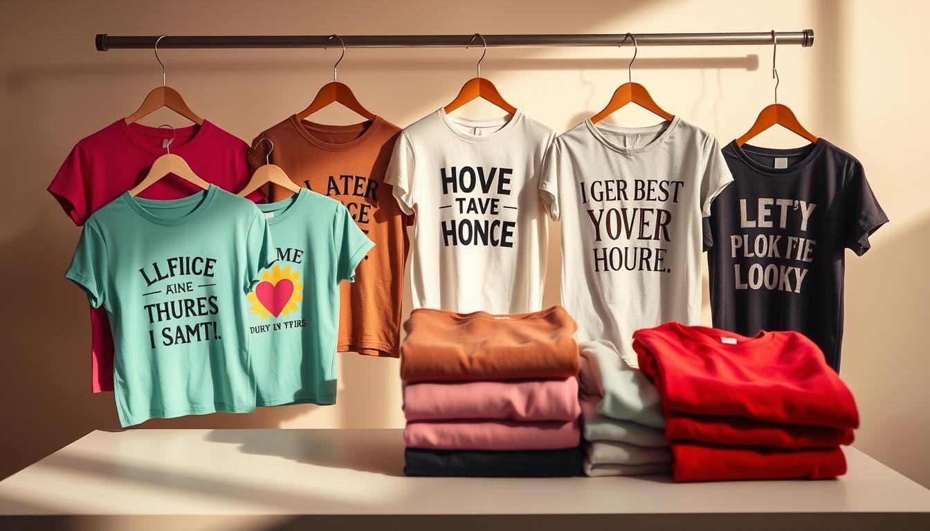 A vibrant and well-lit studio setting showcasing an assortment of humorous and self-expressive t-shirts for women. The shirts feature playful designs, witty slogans, and bold graphics that embody the wearer's unique personality and sense of humor. The t-shirts are displayed on stylish hangers or folded neatly on a clean, minimalist table, with a mix of solid colors and patterns creating a visually appealing composition. Soft, directional lighting casts warm shadows, highlighting the textural details of the fabrics and accentuating the vibrant hues. The overall scene conveys a sense of fun, creativity, and the power of fashion as a means of self-expression.