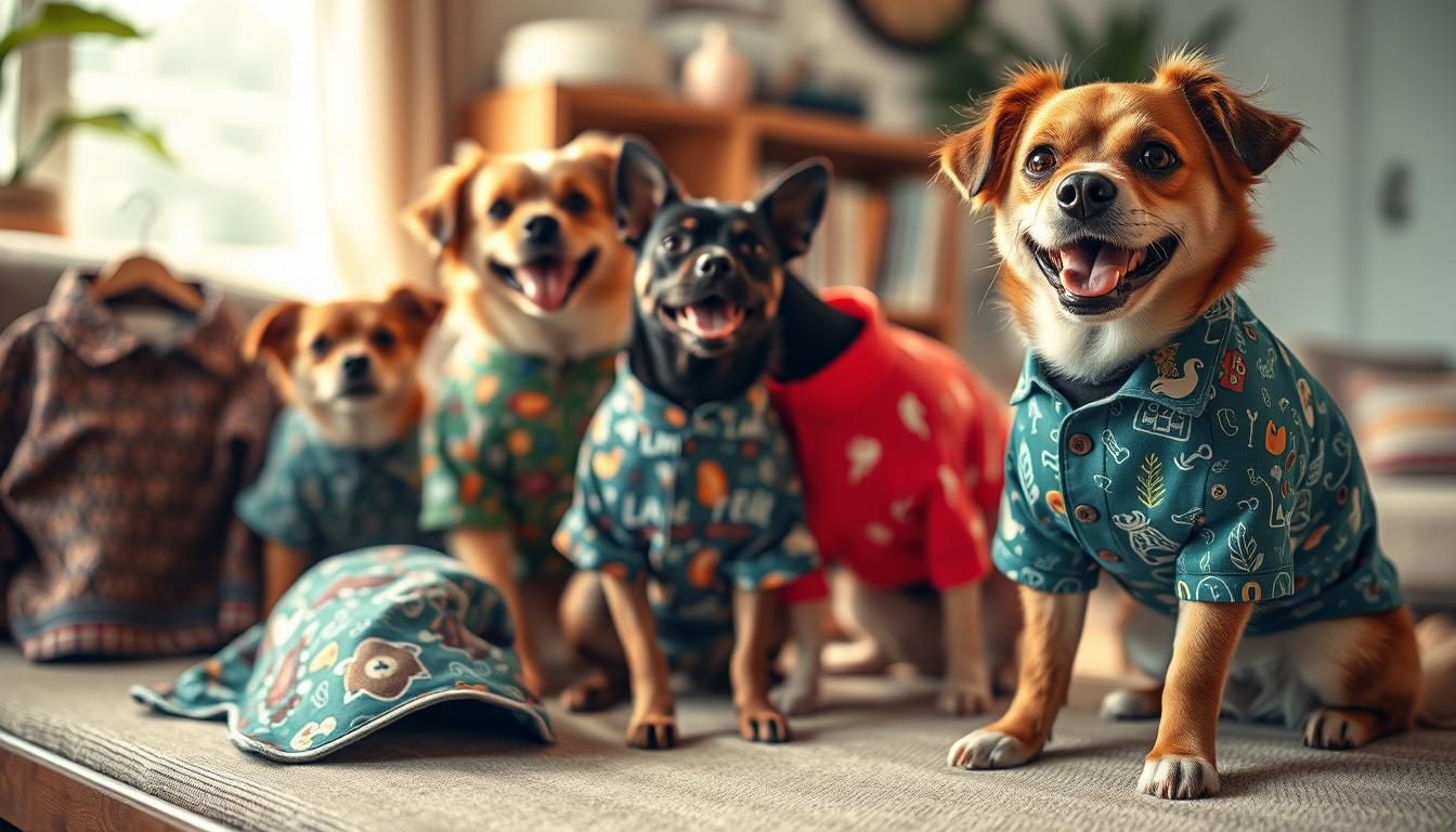 A stylish arrangement of custom-designed dog shirts in a warm, natural-lit setting. In the foreground, a carefully curated display of high-quality, vibrant shirts with intricate patterns and playful graphics. The middle ground showcases the shirts modeled by lively, happy canine companions, their expressions radiating joy. The background hints at a cozy, inviting ambiance, with soft, diffused lighting complementing the overall aesthetic. Captured with a shallow depth of field, the image conveys a sense of intimate, artful presentation, highlighting the craftsmanship and personalized nature of the custom pet clothing pieces.