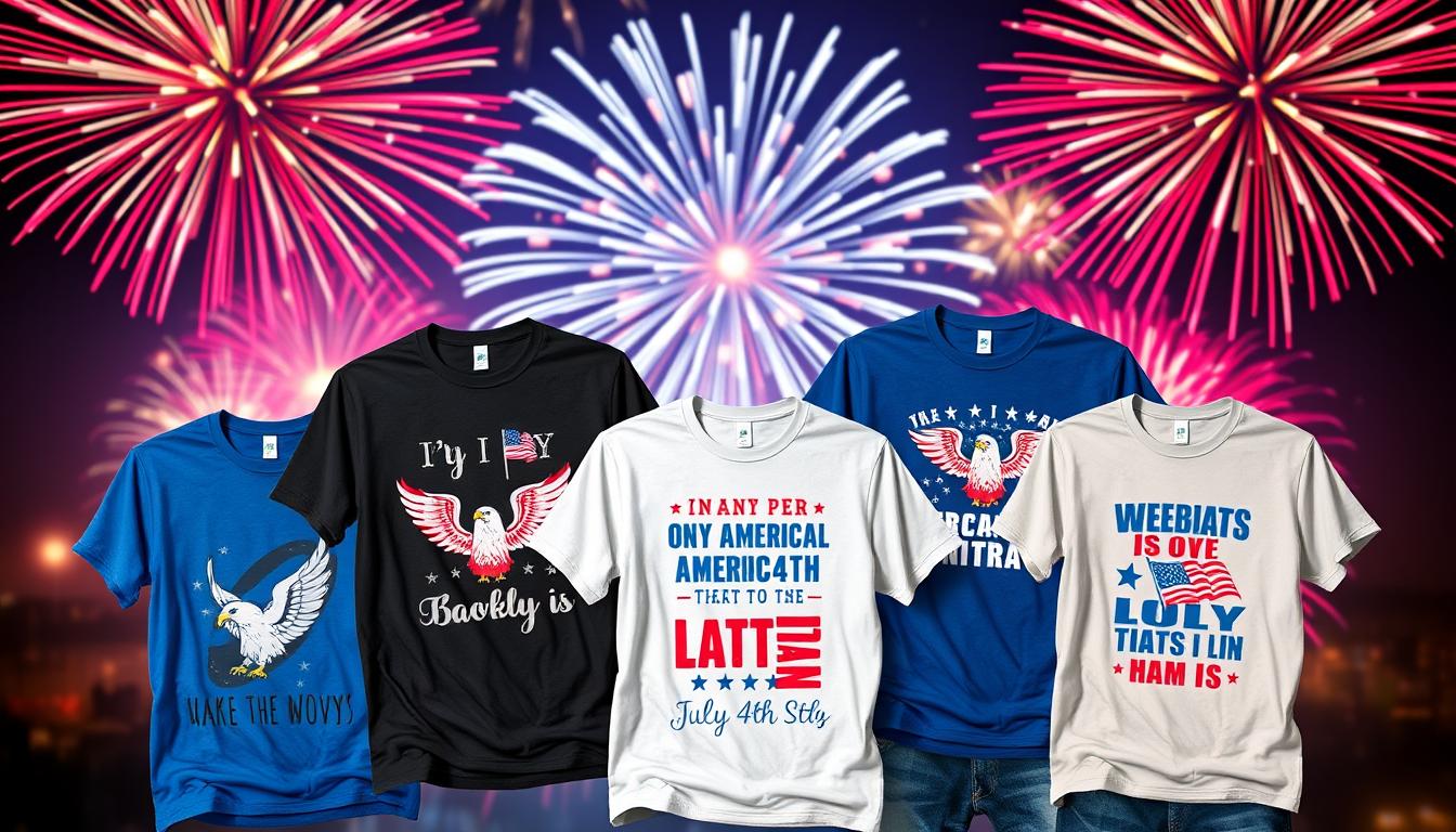 A group of patriotic July 4th t-shirts, each with a unique and humorous design, against a backdrop of a vibrant, star-spangled fireworks display. The shirts feature bold, eye-catching graphics, such as playful American eagle motifs, witty slogans, and playful puns. The foreground is well-lit, showcasing the intricate details and vibrant colors of the apparel, while the background is softly illuminated, creating a festive, celebratory atmosphere. The overall composition is dynamic, with the shirts arranged in a visually appealing, slightly asymmetrical layout, capturing the spirit of the holiday and the customizable nature of the apparel.