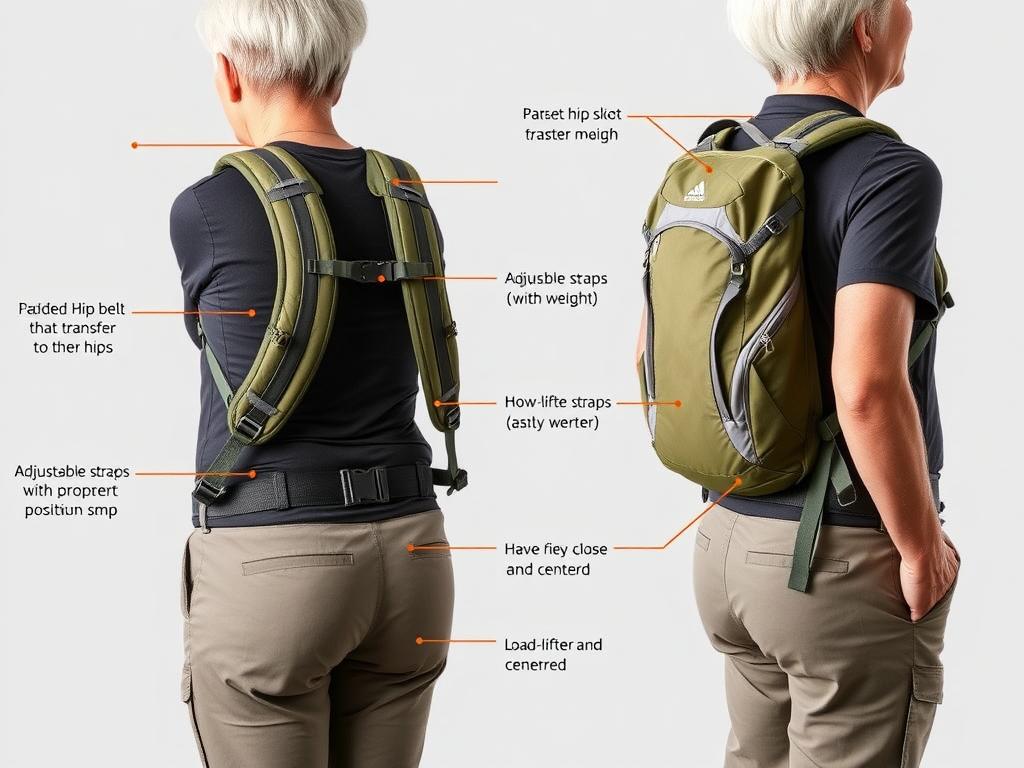 Mochila ergonômica com distribuição de peso adequada para trilheiros 50+, mostrando ajustes e compartimentos