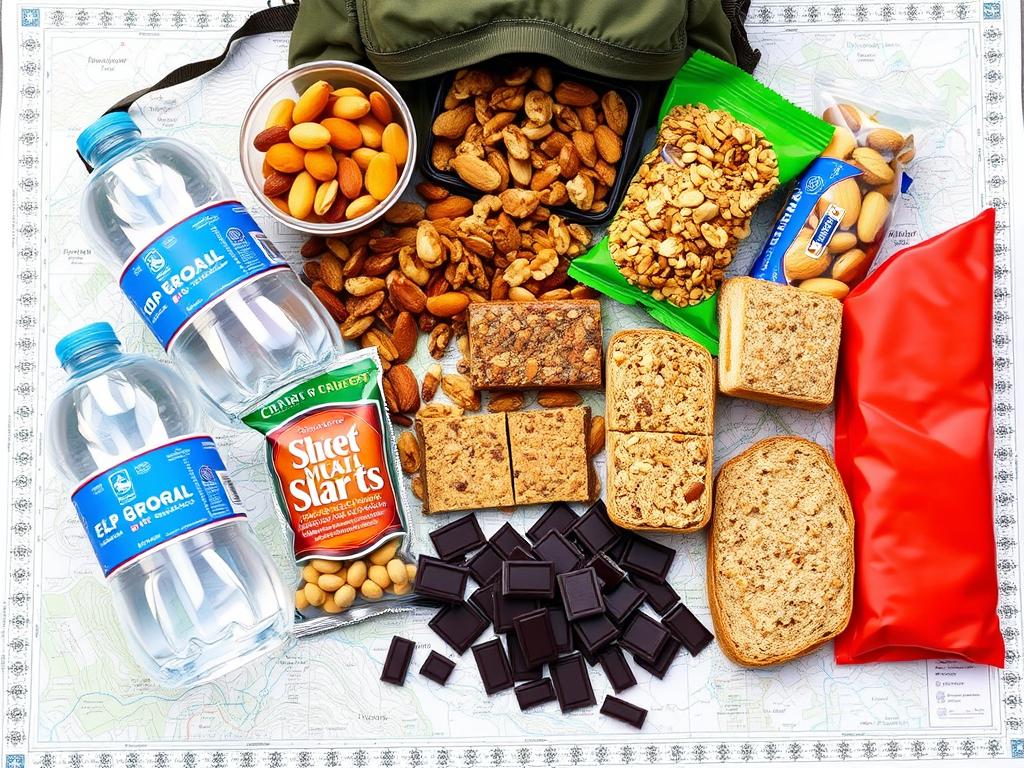 Alimentos nutritivos e práticos para trilhas: frutas secas, nozes, barras de cereais e garrafas de água, ideais para trilheiros 50+