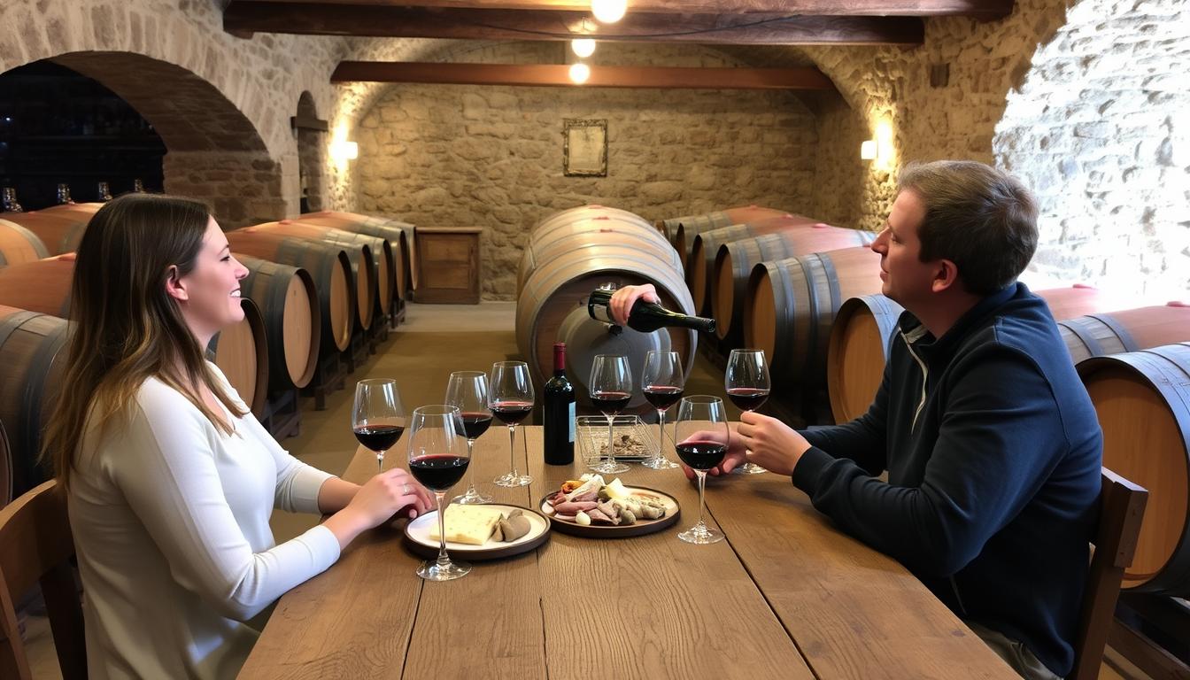 Casal desfrutando de uma prova de vinhos numa adega tradicional durante experiência de turismo rural para iniciantes