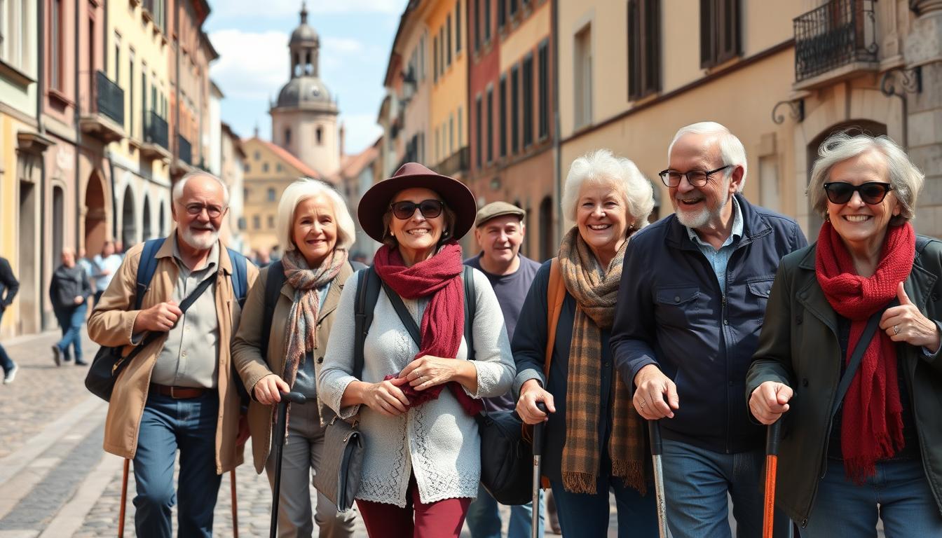 Grupo de idosos sorridentes fazendo passeio turístico em cidade histórica, demonstrando os benefícios do turismo na terceira idade