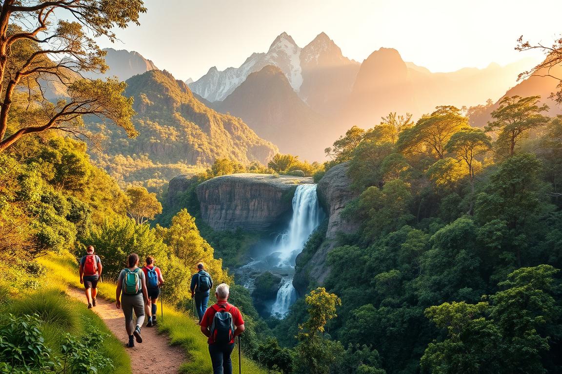 A vibrant outdoor adventure scene in the heart of the Brazilian wilderness. In the foreground, a group of hikers traversing a lush, winding trail, their backpacks and hiking gear evident. The middle ground features a majestic waterfall cascading over rugged rock formations, surrounded by verdant foliage. In the background, towering mountains rise majestically, their peaks capped with snow. Warm, golden sunlight filters through the trees, casting a peaceful, adventurous ambiance. The composition emphasizes the scale and grandeur of the natural landscape, inviting the viewer to imagine the excitement and beauty of an outdoor expedition in Brazil.