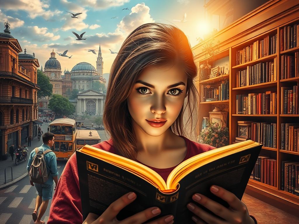 A vibrant, realistic portrait capturing the connections between real life and literature. In the foreground, a person reads a book, their eyes alight with wonder. Surrounding them, a dreamlike montage of evocative scenes - a bustling city street, a tranquil nature landscape, a cozy study lined with bookshelves. Warm, natural lighting casts a soft glow, blending the real and imagined worlds. The composition has a sense of depth and movement, inviting the viewer to step into this rich, immersive realm where life and literature intertwine. Rendered with striking photographic detail and a touch of whimsical surrealism.