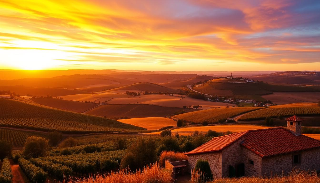 Pôr do sol sobre paisagem rural portuguesa, simbolizando o encanto do turismo rural para iniciantes