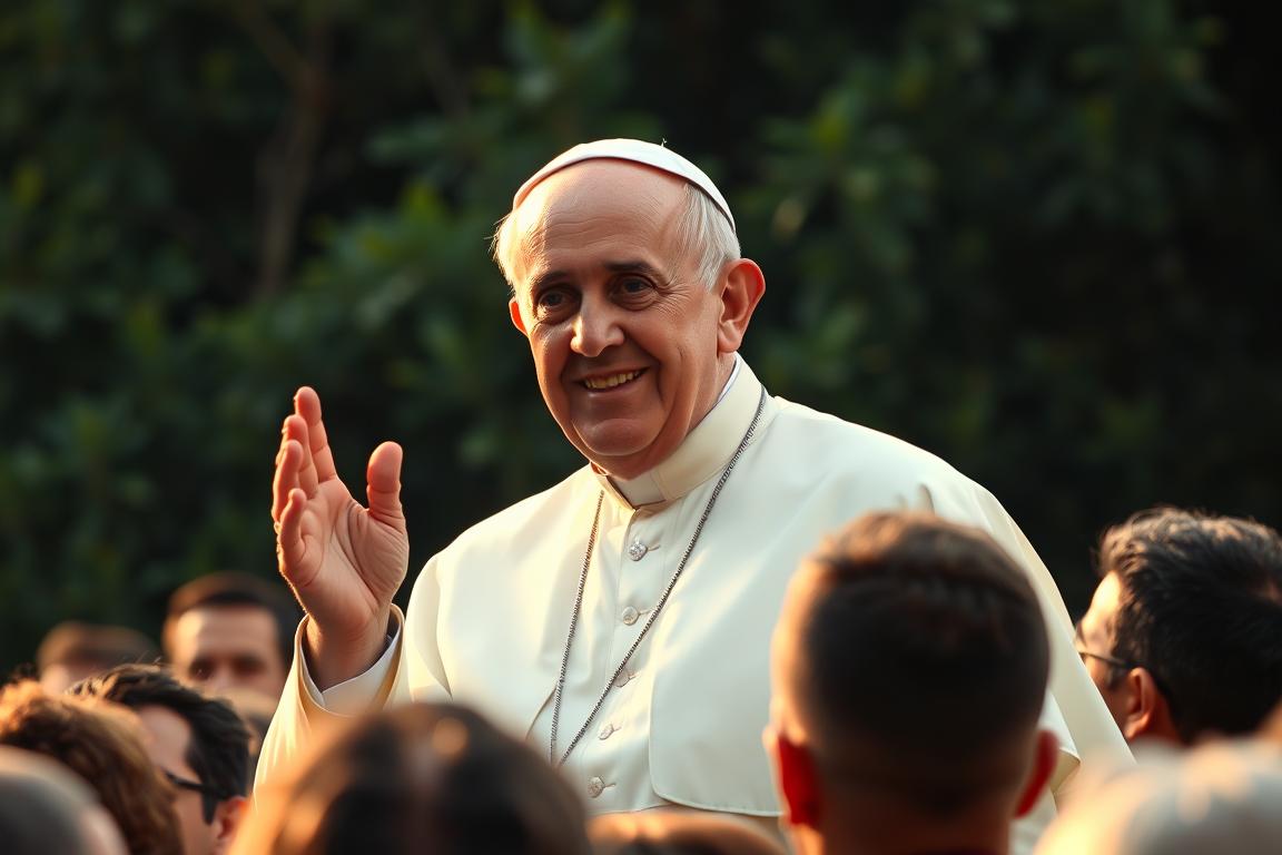 A close-up portrait of Pope Francis during his first visit to Brazil, standing amidst a crowd of adoring worshippers. The pontiff's kind, benevolent expression radiates a sense of spiritual connection, as he gestures with his hands in a blessing. The background is filled with the lush, verdant foliage of the Brazilian landscape, creating a serene, natural setting that complements the religious atmosphere. Warm, soft lighting illuminates the scene, casting a gentle glow on the pope's face and the upturned faces of the crowd. The composition draws the viewer's attention to the central figure of the pope, emphasizing his role as a spiritual leader and the profound impact of his presence on the Brazilian Catholic community.