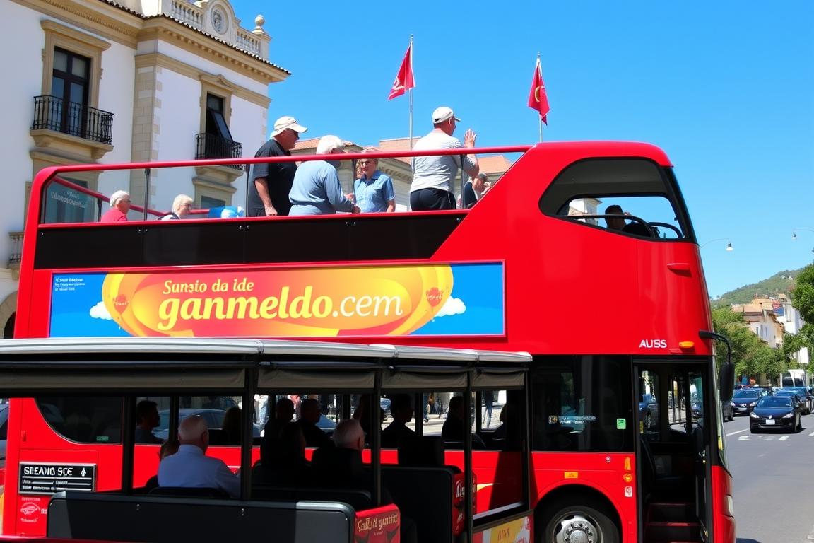 Bus Tour de dois andares percorrendo as ruas de Gramado, opção prática para viagem para gramado para pessoas acima de 50 anos