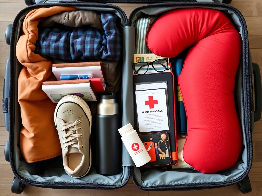 Mala organizada com itens essenciais para viagem para gramado para pessoas acima de 50 anos