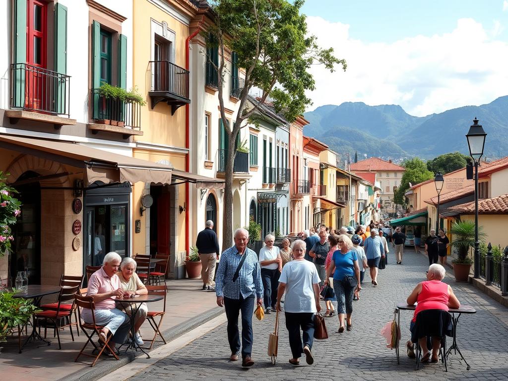Paisagem de Monte Verde com idosos aproveitando o clima ameno, destino ideal para turismo na terceira idade