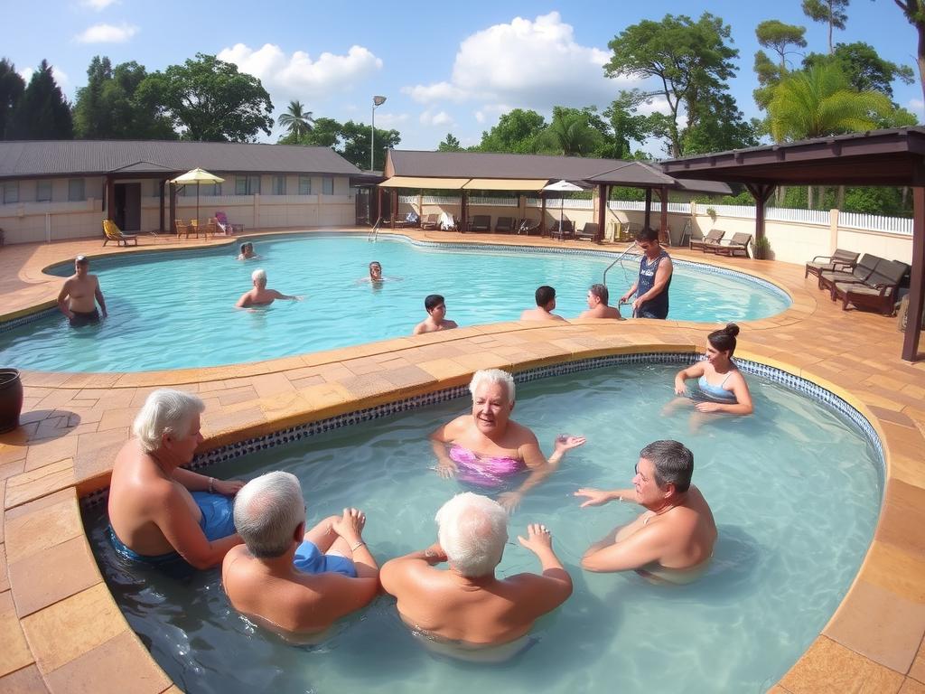 Águas termais de Caldas Novas com idosos relaxando, popular destino para turismo na terceira idade