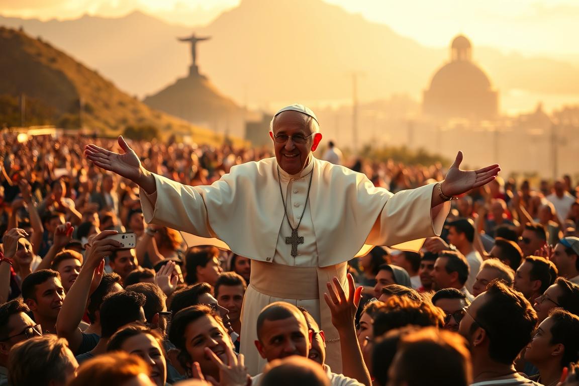A grand papal visit to Brazil, with Pope Francis in his white cassock and cape, standing amidst a sea of adoring crowds. The scene is bathed in warm, golden light, casting a serene and reverent atmosphere. In the background, the iconic landmarks of Rio de Janeiro rise, including the Christ the Redeemer statue overlooking the city. The pontiff's expression is one of benevolence and compassion, as he extends his arms in a blessing, connecting with the faithful. The foreground is filled with the uplifted faces of the Brazilian people, their eyes shining with devotion and hope. This image captures the transformative impact of the Pope's first visit to Brazil, a moment of profound spiritual connection and national pride.