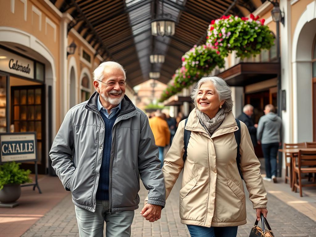 Casal acima de 50 anos caminhando tranquilamente pela Rua Coberta de Gramado, apreciando as lojas e a arquitetura