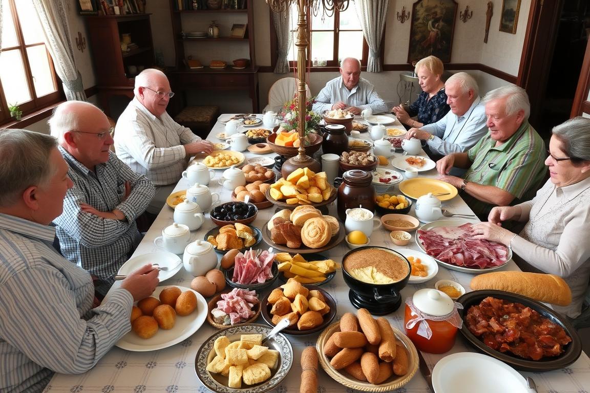 Mesa de café colonial em Gramado com grande variedade de doces e salgados, atração gastronômica para viagem para gramado para pessoas acima de 50 anos