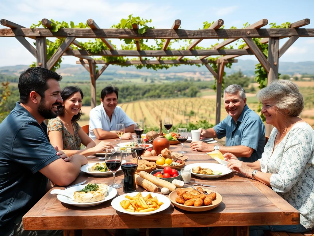 Família desfrutando de uma refeição tradicional numa quinta de turismo rural para iniciantes