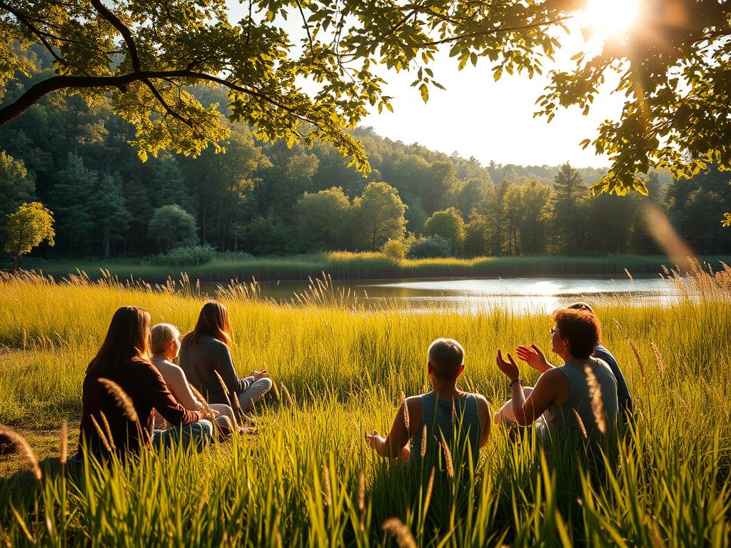 A tranquil, sun-dappled meadow, with tall grasses swaying gently in the breeze. In the foreground, a group of people seated in a circle, their expressions a mix of deep contemplation and heartfelt connection. The middle ground reveals a serene pond, its surface like glass, reflecting the surrounding foliage. In the distance, a lush forest frames the scene, its trees casting long, soft shadows across the landscape. The lighting is warm and natural, capturing the essence of a profound, life-changing moment. The overall atmosphere is one of introspection, vulnerability, and the power of shared human experiences.