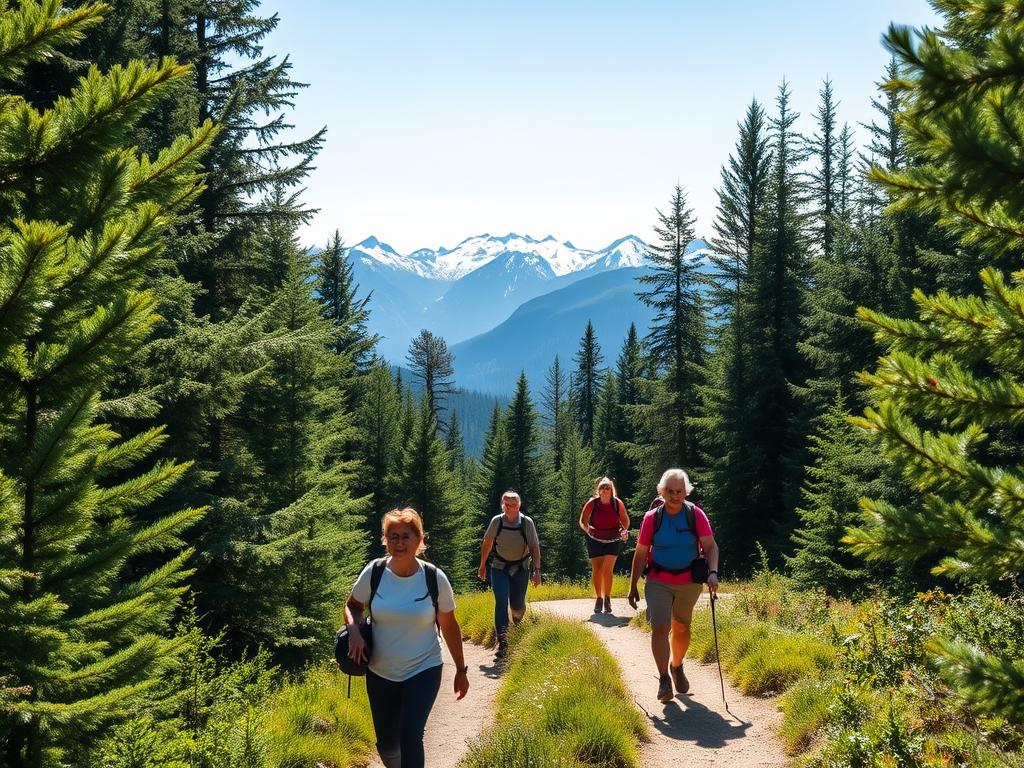 A serene mountain trail winding through lush evergreen forests, with sunlight filtering through the canopy. Mature hikers, ages 50 and up, traverse the path, their faces filled with a sense of adventure and wonder. The trail is well-marked, with gentle inclines and smooth surfaces, making it an ideal route for beginner-level outdoor enthusiasts. In the distance, majestic snow-capped peaks rise against a clear, azure sky, creating a picturesque backdrop. The scene is captured with a wide-angle lens, emphasizing the immersive, natural environment and the hikers' connection to the great outdoors. The overall mood is one of tranquility, serenity, and the joy of exploration.