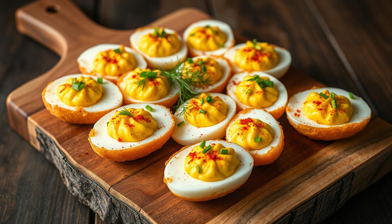 garnishing fried deviled eggs