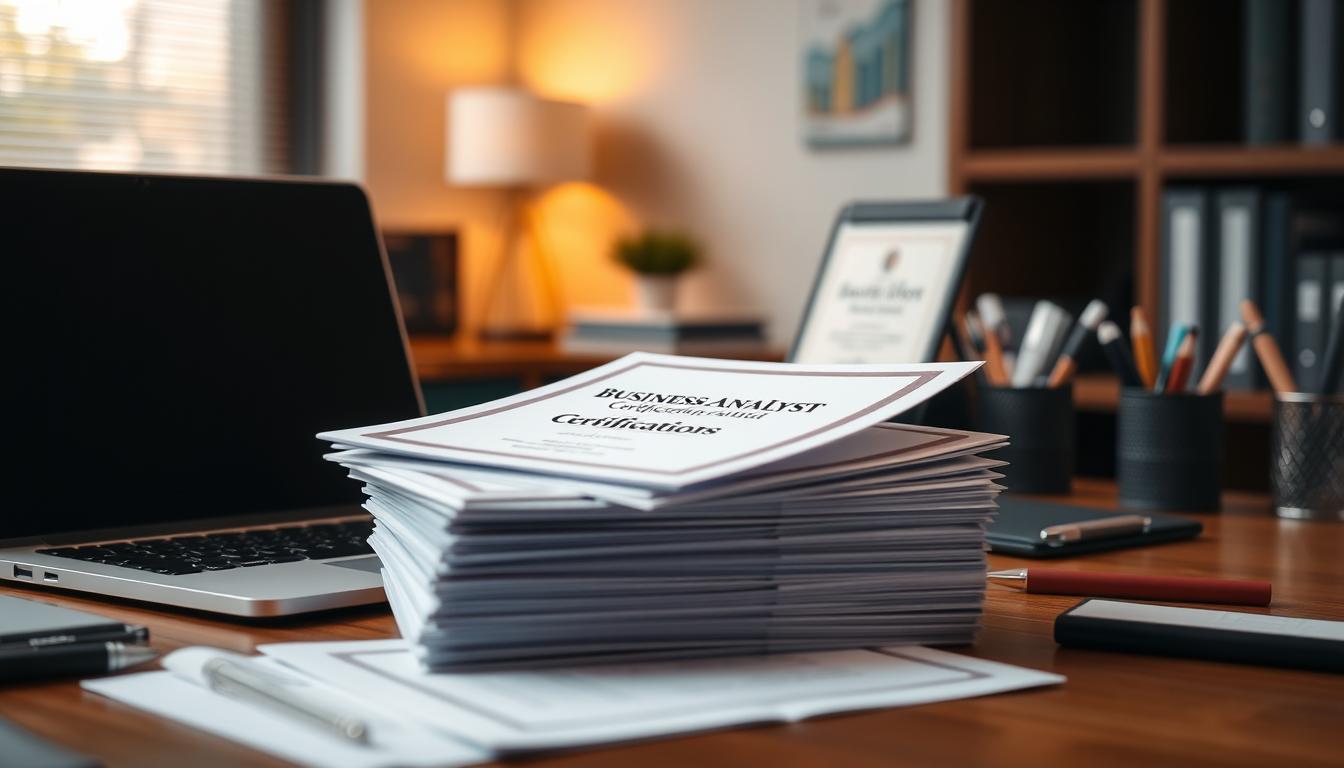 A professional office setting with a well-organized desk, featuring a laptop, a stack of business analyst certification documents, and various stationery items. The lighting is warm and inviting, creating a focused and productive atmosphere. The background is blurred, emphasizing the certifications as the central focus. The image conveys the importance of specialized training and credentials for a successful business analyst career.