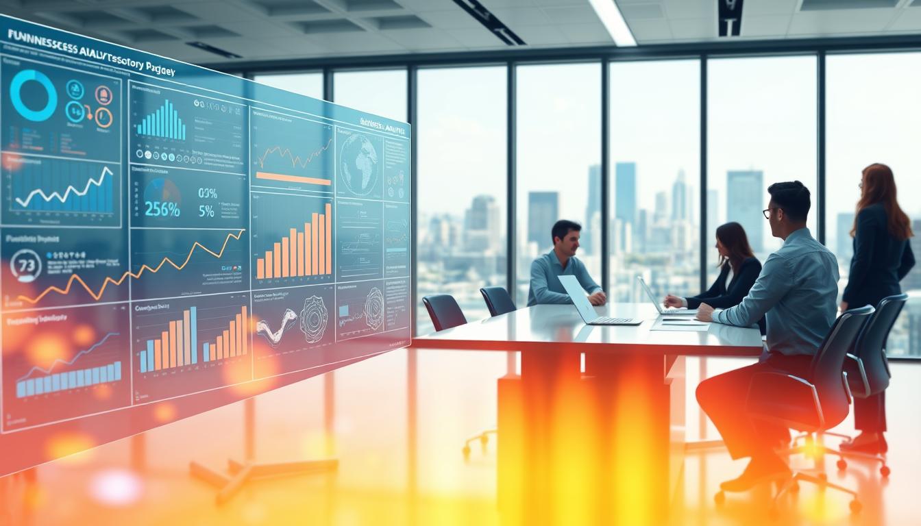 a high-quality, detailed digital illustration depicting a business analytics strategy concept. the foreground features a stylized dashboard or infographic display with interactive graphs, charts, and data visualizations, conveying the analytical power and insights of business analytics. the middle ground shows a team of professionals collaborating around a boardroom table, discussing and strategizing based on the data presented. the background features an office environment with large windows overlooking a cityscape, conveying a sense of scale, opportunity, and the bigger picture context. the lighting is bright and clean, with warm accents highlighting the technology and collaborative elements. the overall mood is professional, future-forward, and solution-oriented, reflecting the transformative potential of business analytics.