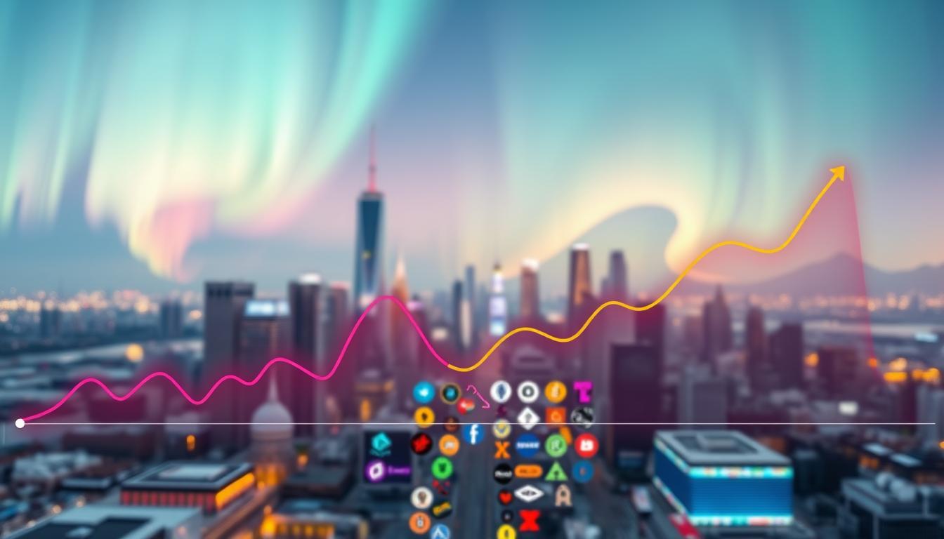 A vibrant and dynamic visualization of the cryptocurrency market cap, captured through a wide-angle lens under soft, diffused lighting. The foreground features a striking line graph depicting the fluctuations in market cap, with each cryptocurrency represented by a distinct color. The middle ground showcases a collage of prominent cryptocurrency logos, arranged in a visually compelling layout. In the background, a blurred cityscape with futuristic skyscrapers and a vibrant, digital aurora borealis backdrop, conveying the global and technological nature of the crypto ecosystem. The overall composition exudes a sense of growth, innovation, and the ever-changing landscape of the cryptocurrency market.