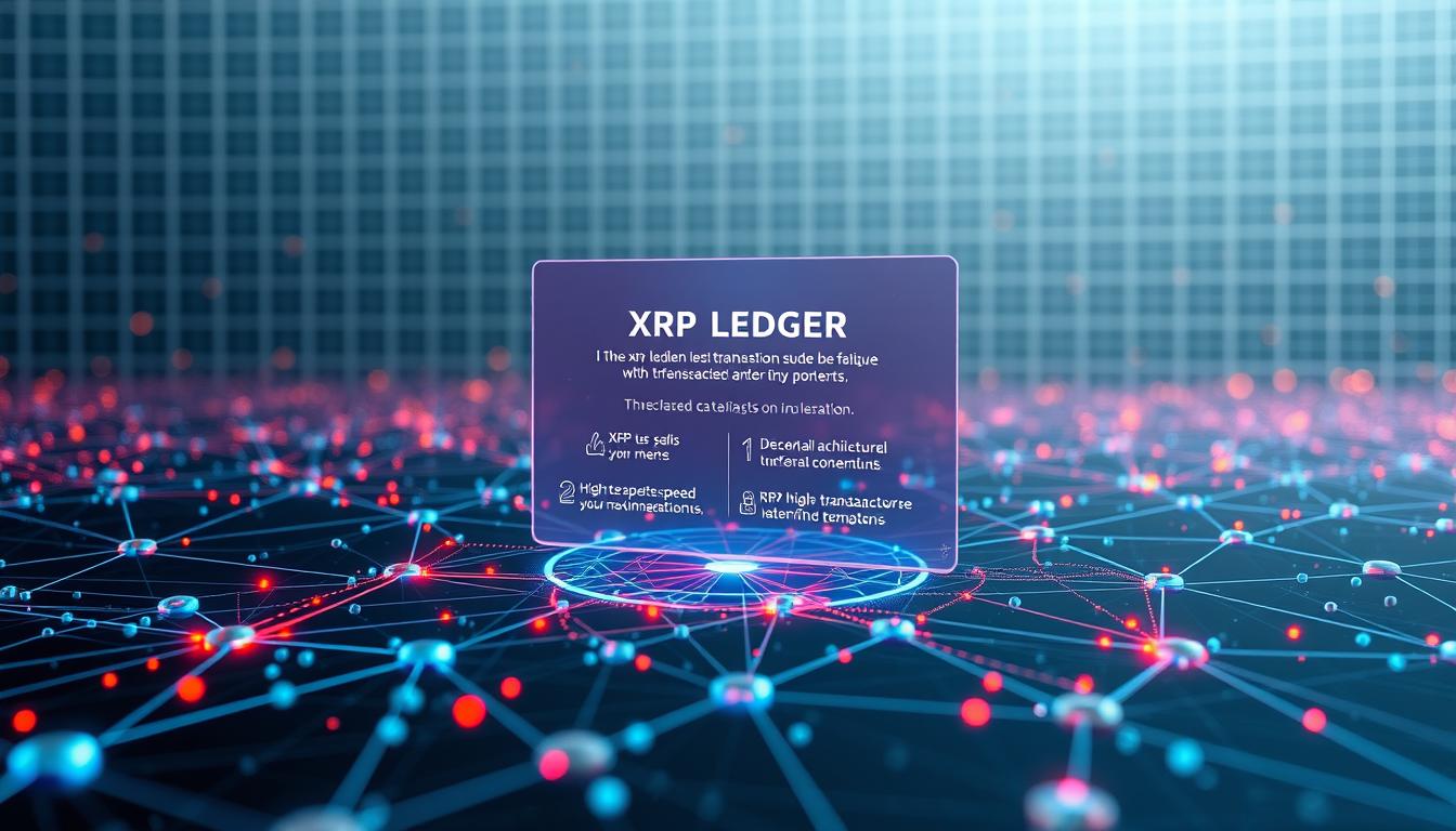 An intricate three-dimensional visualization of the XRP Ledger technology, rendered with a technical, futuristic aesthetic. In the foreground, a complex network of interconnected nodes and transaction pathways pulsate with dynamic energy, represented by vibrant lines and shapes. The middle ground features a stylized holographic display showcasing key features and capabilities of the XRP Ledger, such as its decentralized architecture, high transaction speeds, and low fees. In the background, a sleek, minimalist backdrop of metallic grids and geometric patterns suggests the advanced, cutting-edge nature of the underlying blockchain infrastructure. The overall mood is one of sophistication, innovation, and the transformative potential of this cryptocurrency technology.