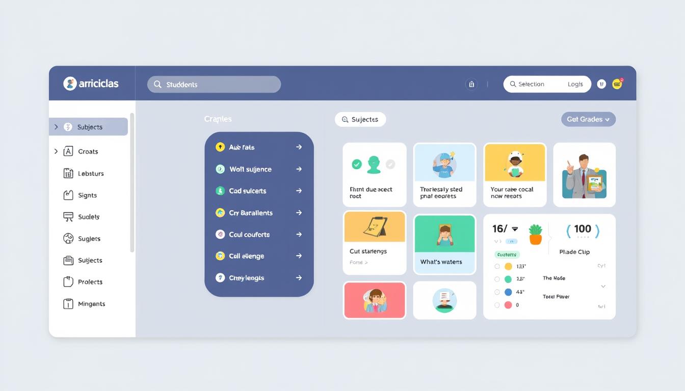 Generate an image of a curriculum portal dashboard with various subjects and grade levels.