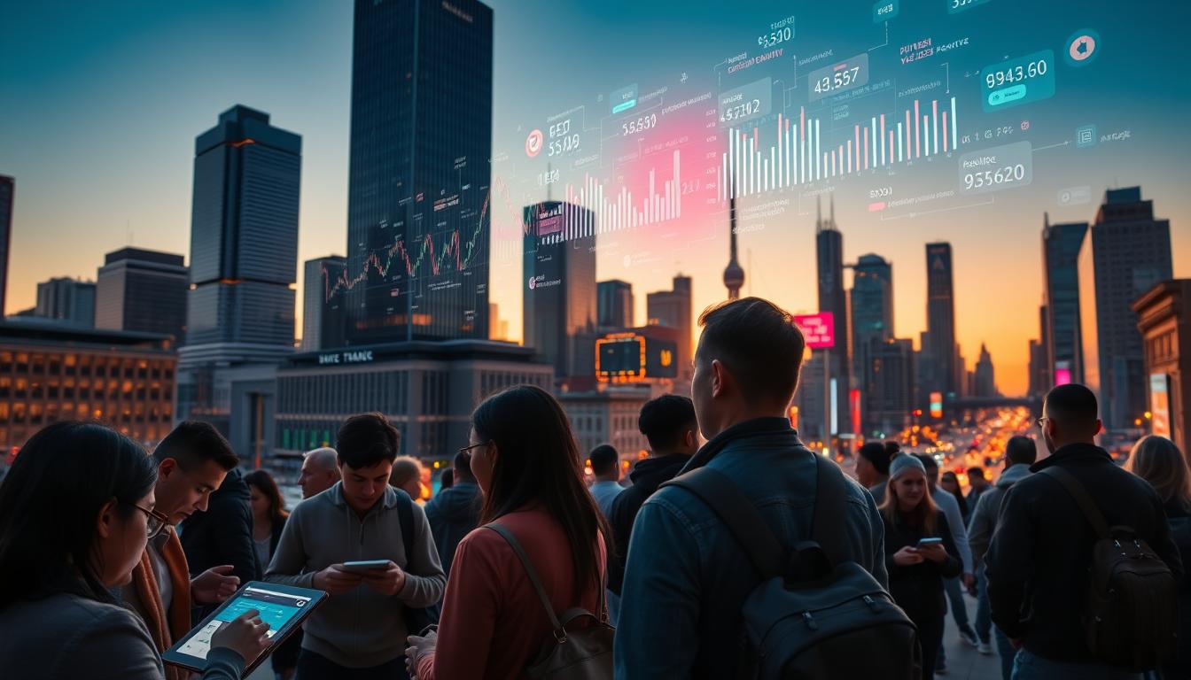 A bustling financial district at dusk, with towering skyscrapers casting long shadows across the city streets. In the foreground, a diverse group of people, representing different socioeconomic backgrounds, gather around a series of touchscreens and digital wallets, immersed in cryptocurrency transactions. The scene is bathed in a warm, golden glow, conveying a sense of inclusivity and accessibility. In the background, a vibrant array of digital financial data and blockchain visualizations float in the air, highlighting the transformative potential of cryptocurrency in bridging the gap between traditional finance and underserved communities.
