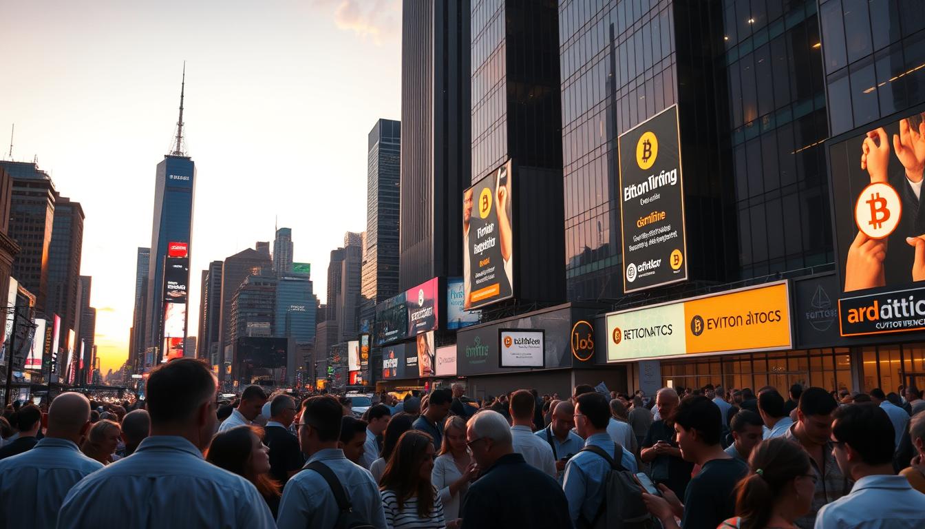 A bustling cityscape at dusk, the skyline dotted with towering skyscrapers adorned with neon signs advertising cryptocurrencies. In the foreground, a diverse crowd of people engages in animated discussions, some using their mobile devices to make digital transactions. The atmosphere is charged with a sense of technological progress and financial innovation, as the adoption of cryptocurrencies begins to reshape the urban landscape. Warm lighting casts a golden glow, creating a sense of optimism and opportunity. The image captures the dynamic and rapidly evolving world of cryptocurrency, where political and economic forces converge to drive widespread adoption.