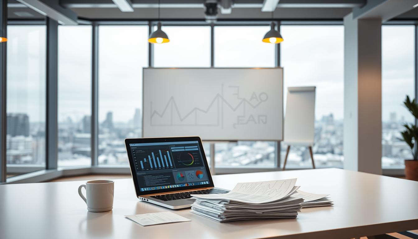 A data analysis workspace in a modern, well-lit office setting. The foreground features a clean desk with a laptop, a stack of reports, and a mug of coffee. On the laptop screen, a visualization of data trends and insights. The middle ground showcases a whiteboard with hand-drawn diagrams, signifying the analytical process. In the background, a large window overlooks a cityscape, creating a sense of productivity and focus. Warm lighting from overhead fixtures casts a soft glow, complementing the minimalist, professional atmosphere.