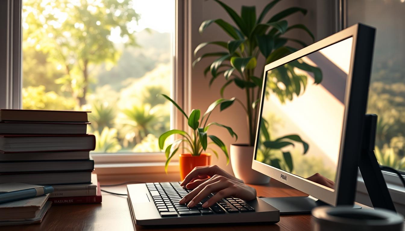 A study nook bathed in warm, natural light, with a desktop computer, a stack of textbooks, and a vibrant potted plant. In the foreground, a student's hands typing intently on the keyboard, their face reflected in the screen, exuding a sense of focus and determination. In the background, a window overlooking a lush, verdant landscape, symbolizing the boundless possibilities of online learning. The room's atmosphere is one of serene productivity, inspiring the viewer to stay motivated and engaged throughout their educational journey.