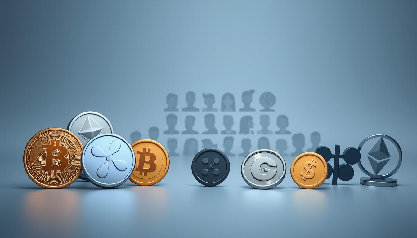 A minimalist, sleek design depicting various types of cryptocurrencies. In the foreground, a collection of digital currency symbols including Bitcoin, Ethereum, Litecoin, Ripple, and Dogecoin, rendered in a clean, geometric style with metallic textures and subtle shadows. In the middle ground, a dynamic grid layout showcasing silhouettes of other prominent crypto coins, each with a distinct shape and color palette. The background features a muted gradient, creating a sophisticated, futuristic atmosphere. Illuminate the scene with cool,Directional lighting from the top-left, casting subtle highlights and shadows to emphasize the dimensional qualities of the cryptocurrencies. Capture the image from a slightly elevated, isometric angle to provide an inclusive, comprehensive view of the different digital asset types.