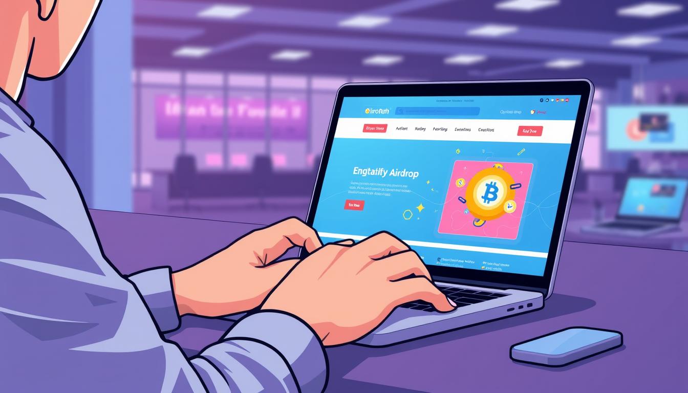 Image of a person using a laptop with a cryptocurrency airdrop website on the screen