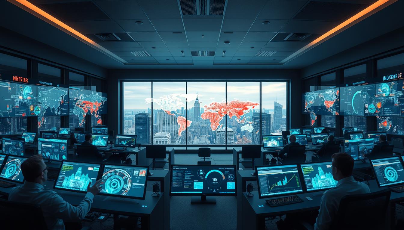 A panoramic view of a modern data analysis command center. In the foreground, rows of workstations with holographic displays showcasing intricate data visualizations and dashboards. Data analysts in deep focus, their hands dancing across touch-sensitive interfaces. In the middle ground, a large central screen projects a real-time 3D model of global data flows, color-coded by industry. The background reveals floor-to-ceiling windows overlooking a bustling cityscape, the skyline dotted with skyscrapers housing various corporate headquarters. Soft, indirect lighting creates a sense of technological sophistication, while the overall composition conveys the power and versatility of data analysis applications across diverse industries.