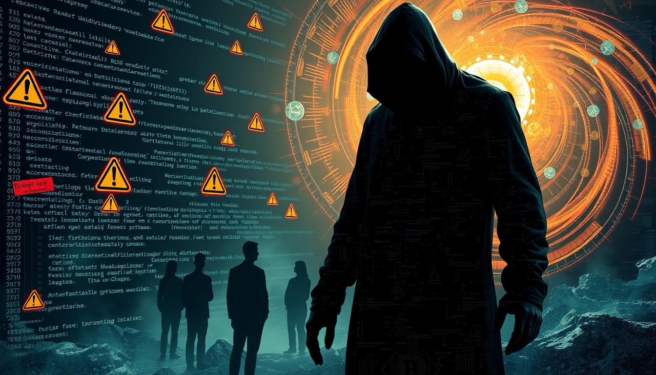 A looming, ominous figure representing a cryptocurrency scammer, shrouded in shadows and digital glitches, stands in the foreground. In the middle ground, unsuspecting victims are being lured in by enticing promises of easy wealth, depicted as faceless silhouettes. The background is a chaotic landscape of scrambled code, flashing warning symbols, and a swirling vortex of digital currencies, hinting at the deceptive nature of the scams. The overall mood is one of unease, alerting the viewer to the dangers of falling prey to cryptocurrency scams.