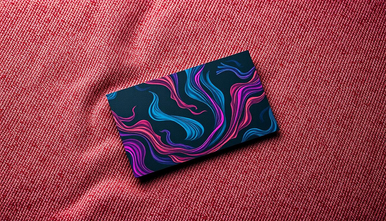 Generate an image of a business card on a textured fabric background.