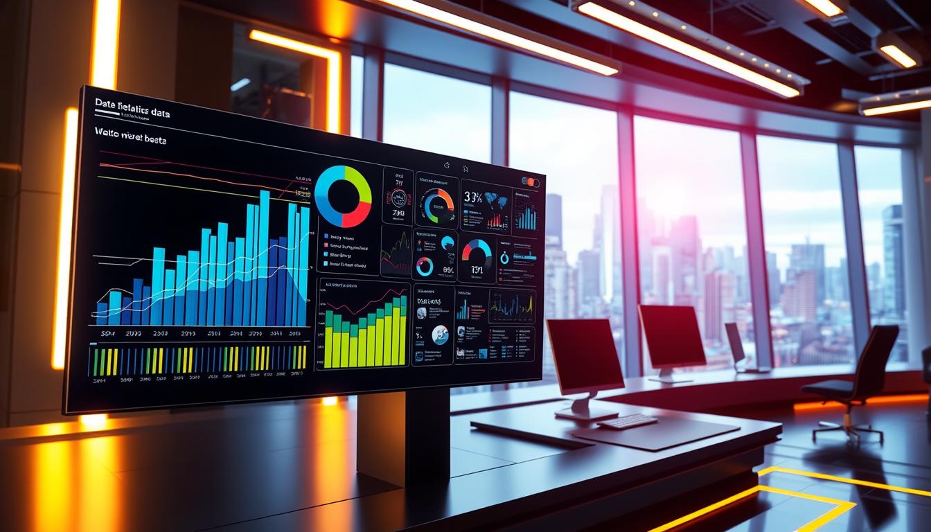A detailed data visualization dashboard with interactive graphs, charts, and diagrams floating in a sleek, futuristic workspace. The foreground features a large bar graph, pie chart, and line plot, all displaying insightful analytics. The middle ground shows a cluster of smaller infographic elements, conveying key statistics and trends. In the background, a cityscape of skyscrapers and technology hubs is visible through large windows, set against a vibrant, energetic color scheme. Bright, focused lighting illuminates the scene, creating a sense of productivity and discovery. The overall atmosphere evokes a professional, high-tech environment dedicated to the meticulous analysis of complex data.