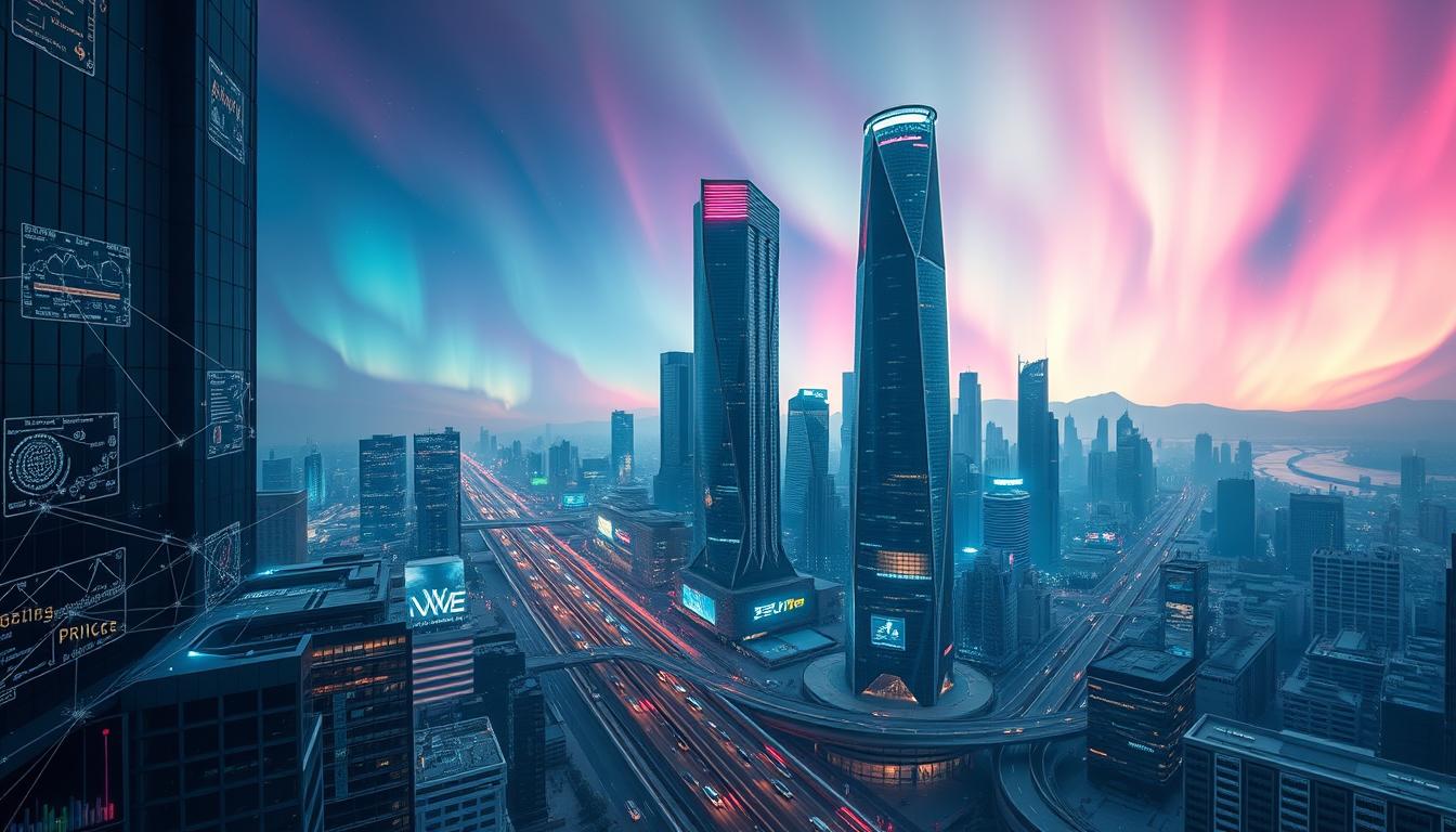 A futuristic, technologically advanced cityscape with towering skyscrapers and gleaming glass facades. In the foreground, a series of interconnected blockchain nodes and servers, their holographic displays showcasing complex algorithms and data visualizations. The middle ground features a bustling metropolis, with vehicles and pedestrians traversing the streets, all connected by a web of digital pathways. The background is a vibrant, aurora-lit sky, hinting at the boundless potential of blockchain technology to revolutionize the digital landscape. Realistic lighting and a cinematic, awe-inspiring atmosphere permeate the scene, capturing the essence of blockchain scalability solutions.